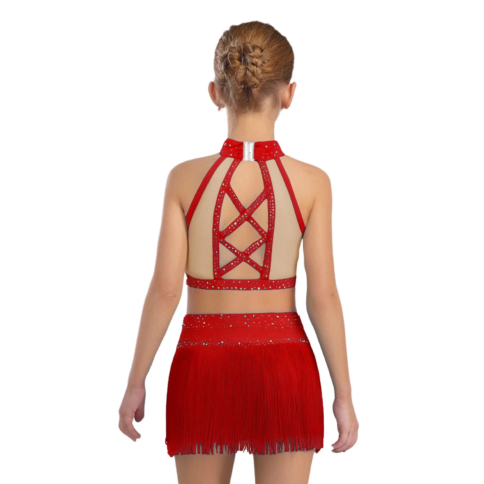 

Girls Kids Tassel Latin Cha-cha Samba Salsa Dance Outfit Halter Sleeveless Mesh Rhinestones Crop Top with Briefs Skirt Dancewear