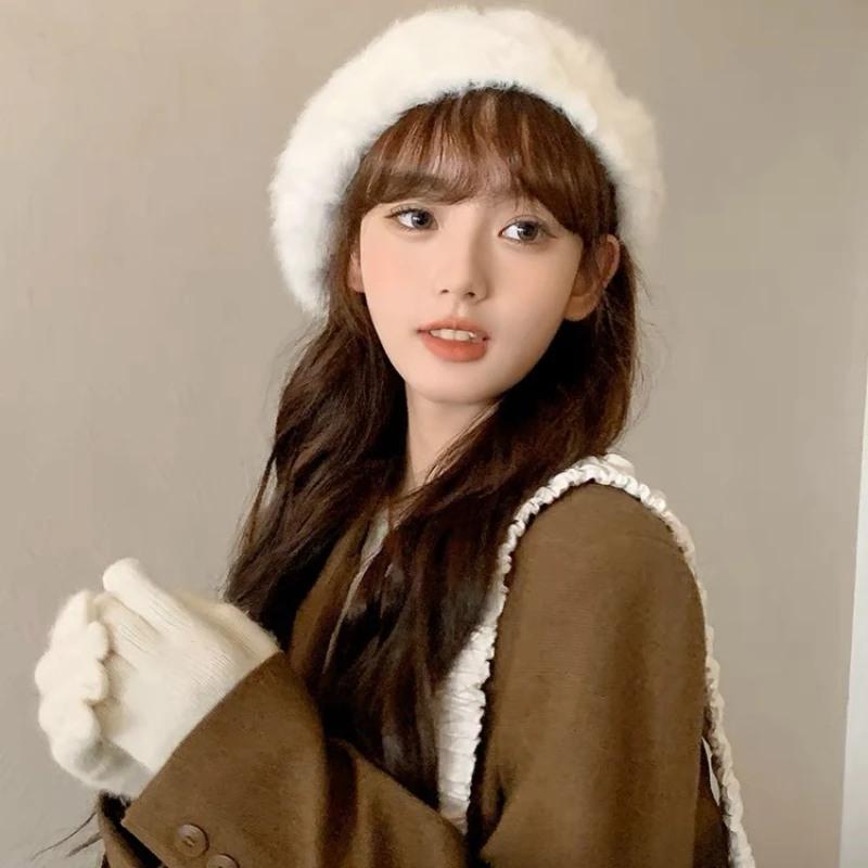 Winter Angora Rabbit Fur Berets for Woman Solid Color Beret Comfortable Plush Korean Popular Berets Girl\'s Shopping Caps Boina