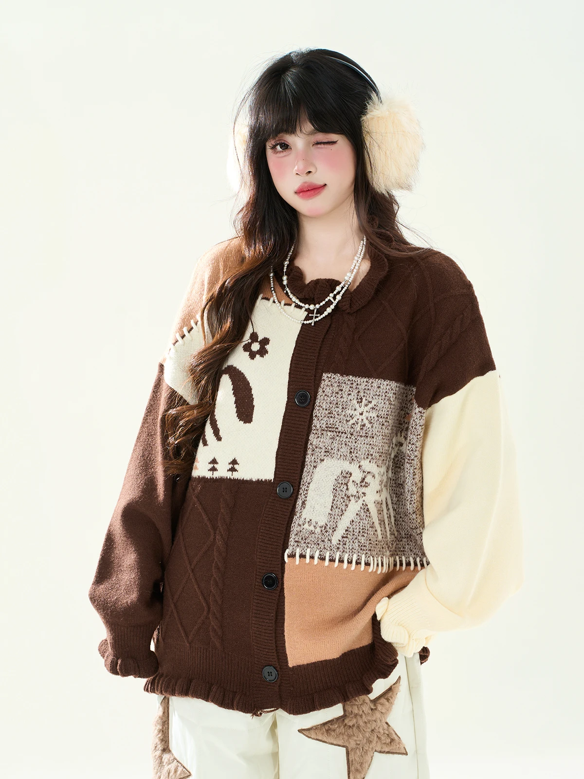 

ENJOG Vintage Color Blo Art Lace Knitted Loose Women's Sweater Autumn Winter Lazy Sle Open Cardigan Top Casual Loose Fit