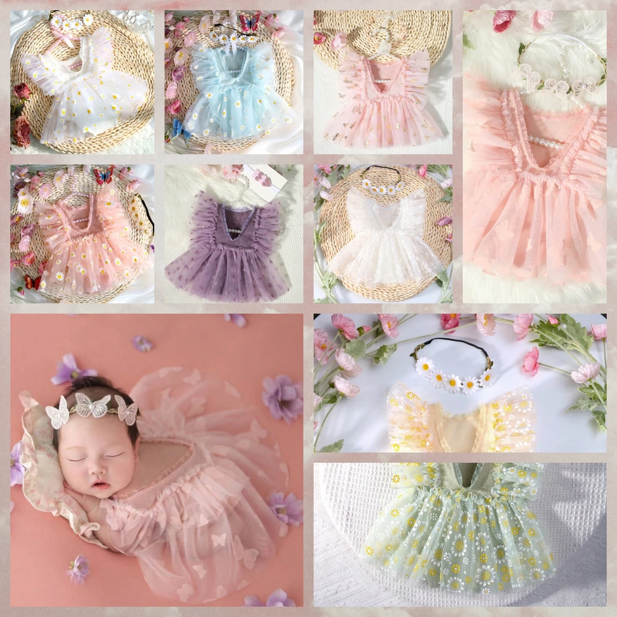 Ylsteed Newborn Girl Photoshoot Outfits Baby Girl Mesh Dress Romper with Headband One Hundred Days Infant Picture Outfits Props