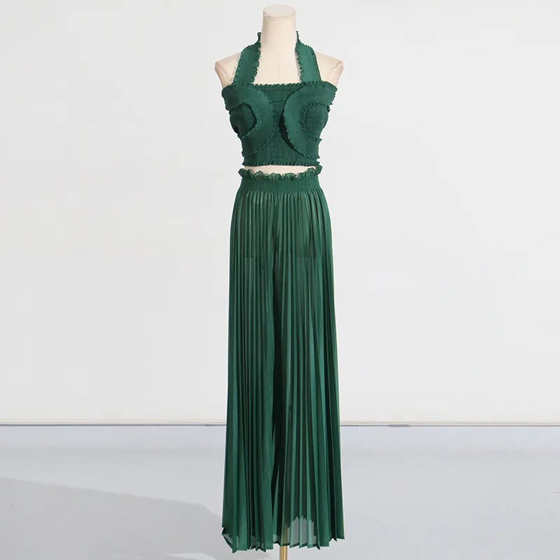 ZAMOR Fashion Sexy Pleated Set Women 2026 Summer New Halter Ruffle Top High Waist Wide Leg Pants