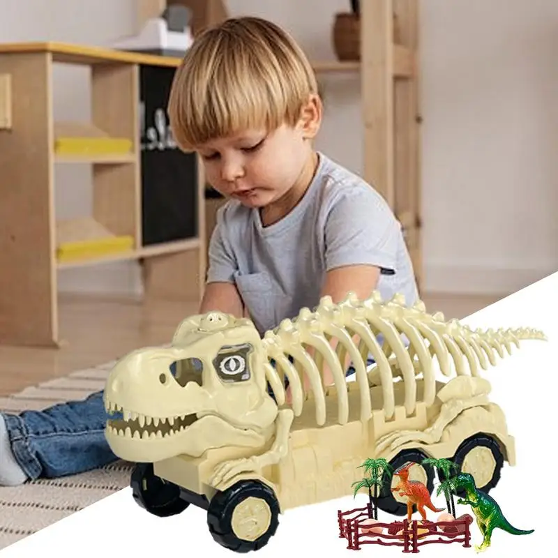 Skeleton Dino Pull Back Car Skeleton Dino Transport Car Toy For Toddler Skull Truck Toy With Dino Figures Dinosaur Carrier Toys