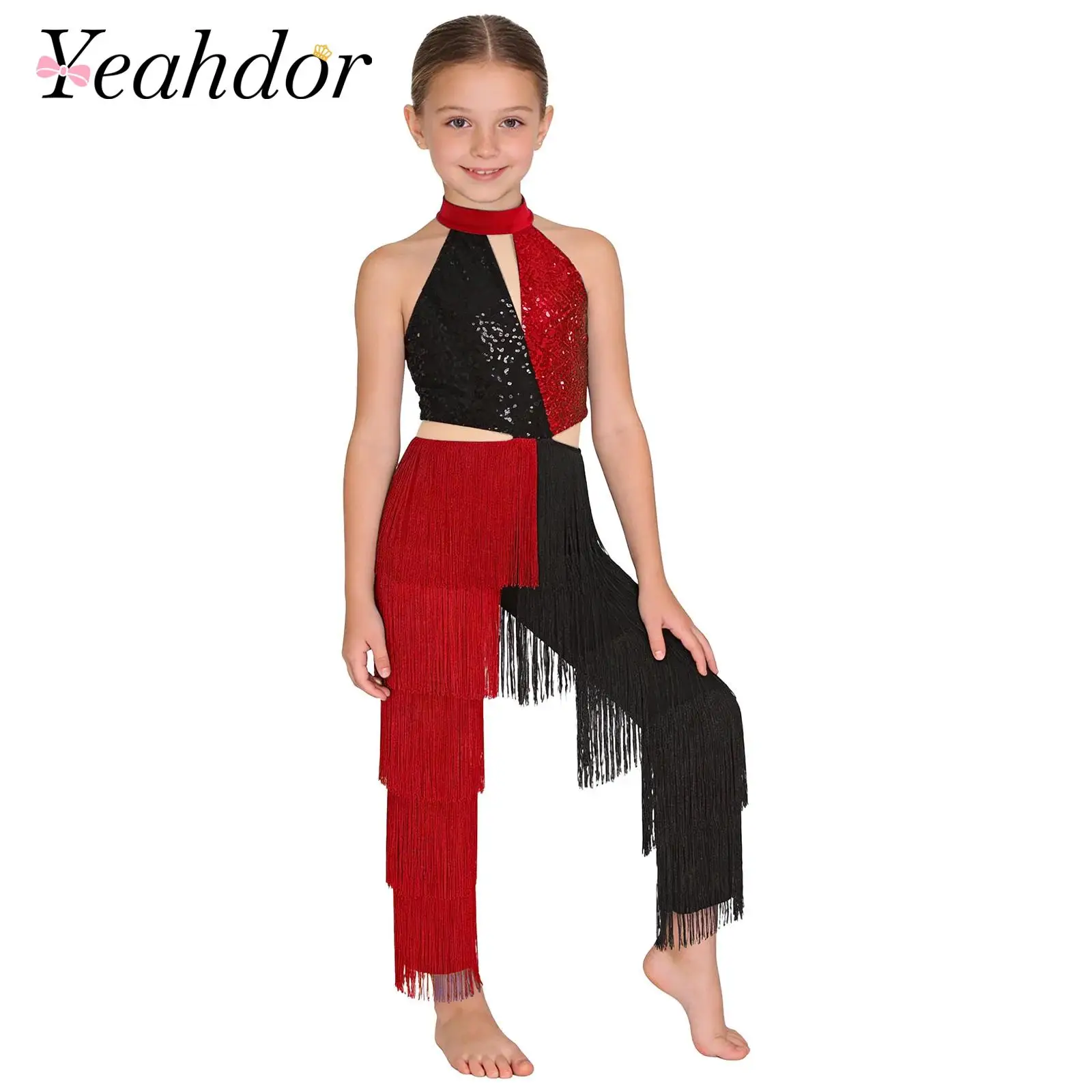 

Girls Latin Dance Disco Party Romper Kids Performance Costume Childs Sequin Tassel Jumpsuit Halter Sleeveless Bodysuit Dancewear