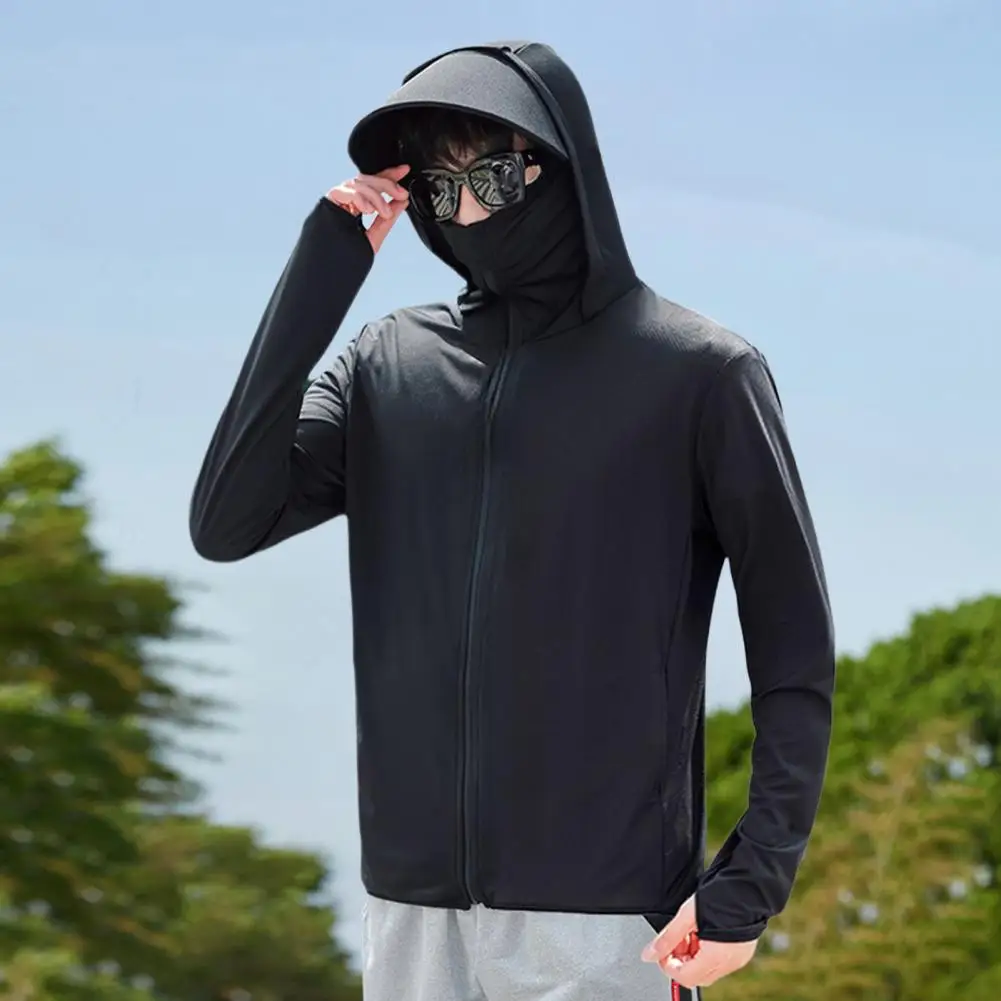 Men Sunscreen Jacket Hooded Long Sleeve Zipper Placket Sun Protection Clothing Solid Color Breathable UV Protection Clothing