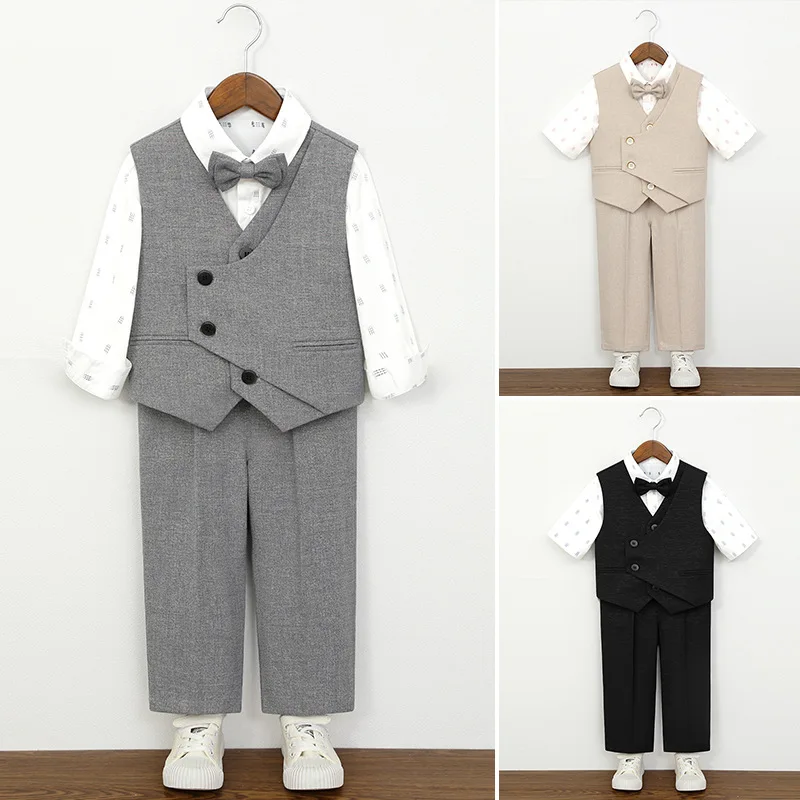 

Kids Fashion Formal Suit 4-Piece Boys Irregular Vest Shirt Pants Bowtie Set 2-12 Y Gentleman Outfit for Wedding Birthday Party