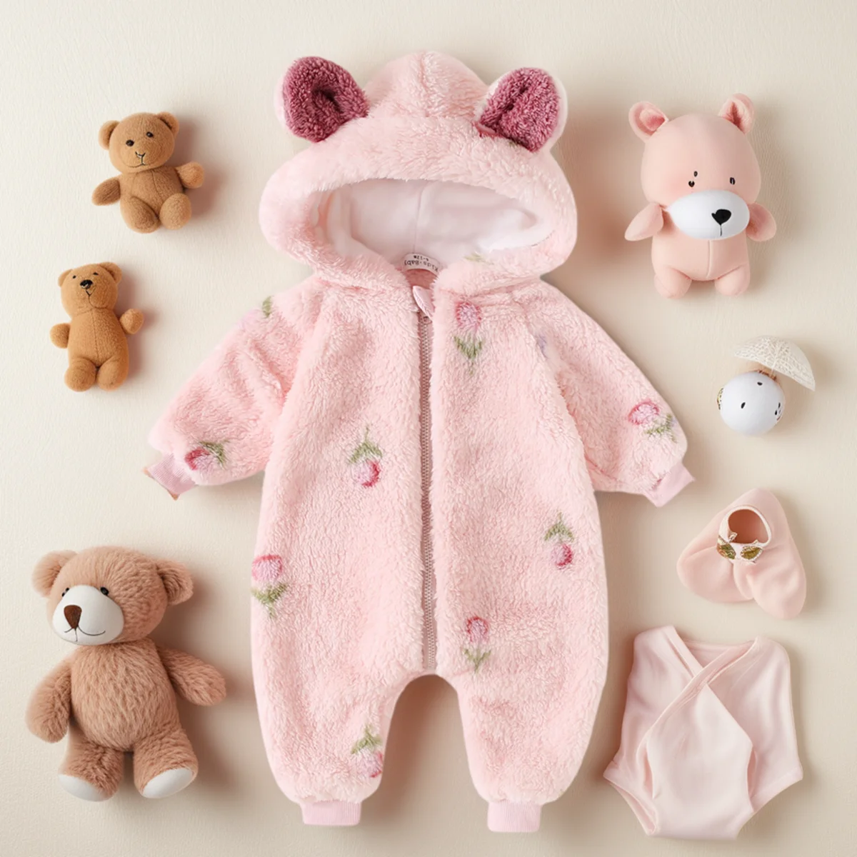 

Warm Hooded Floral Winter Baby Girls Rompers Long Sleeve Toddler Jumpsuits Cute