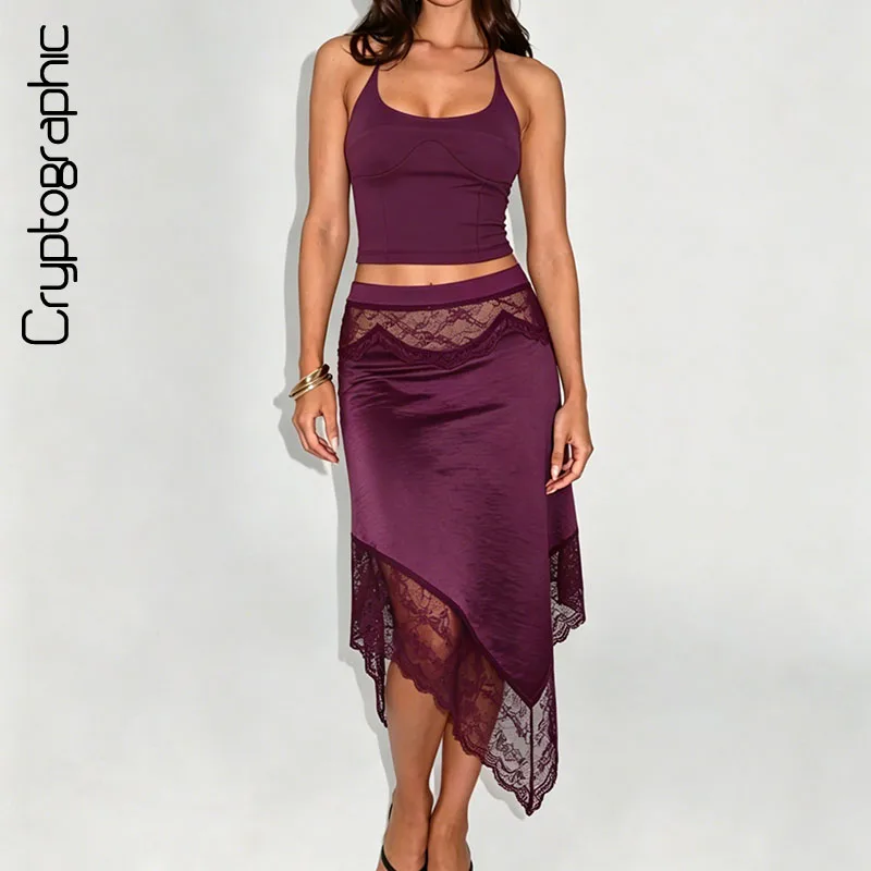 

Purple Lace Satin Panelled Elegant Casual 2 Piece Halter Backless Crop Top and Asymmetric Midi Skirt Set Vacation Club Night Out