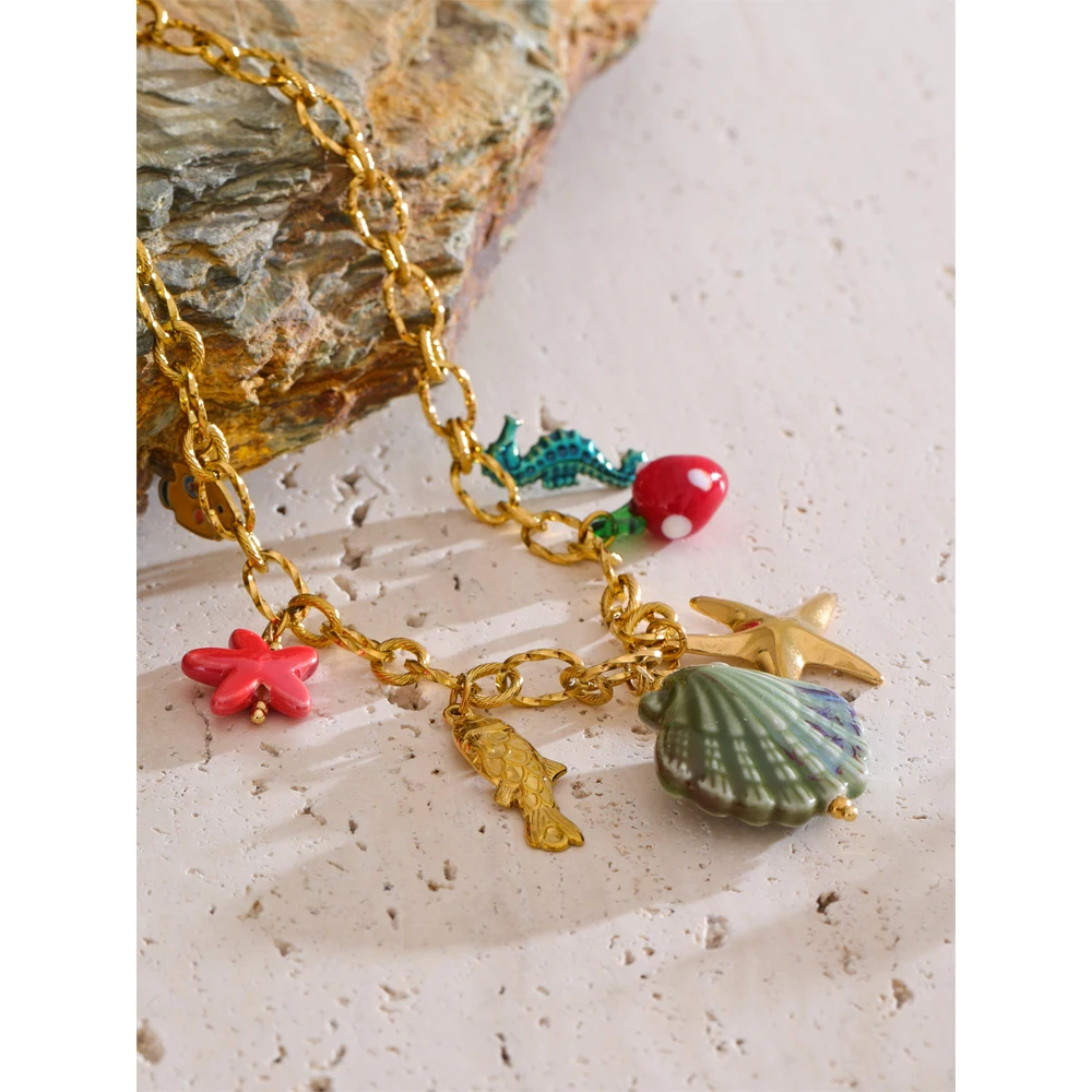 Yhpup 2025 Ocean Style Summer Enamel Ceramic Shell Starfish Pendant Necklace Fashion Trendy Stainless Steel Vacation Jewelry