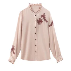 Ruffle Edge Blouses Silk Shirt For Women Long Sleeve Woman Clothes Shirt Embroidery Shirt Sation Female Blouses Button Up Top