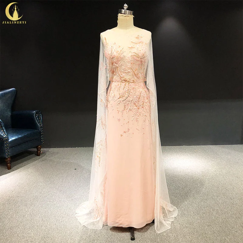 1557 Customized Rhine real Pictures Fashion Cape pink with Beads Luxurious Fashion dress Evening dresses