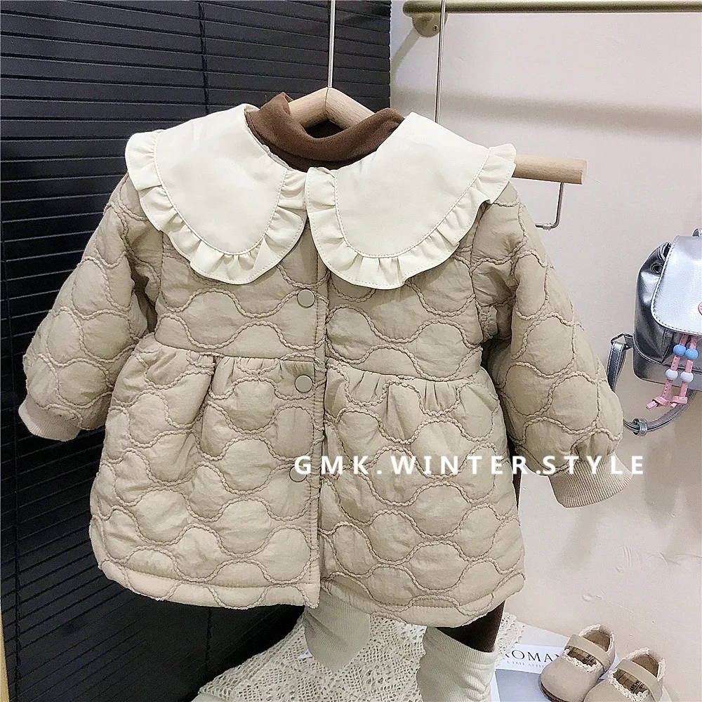 Baby Girls Parkas Fashion Lace Peter Pan Collar Fleece Thicken Cotton Clothes 2024 Winter New Style Childrens Keep Warm Coats