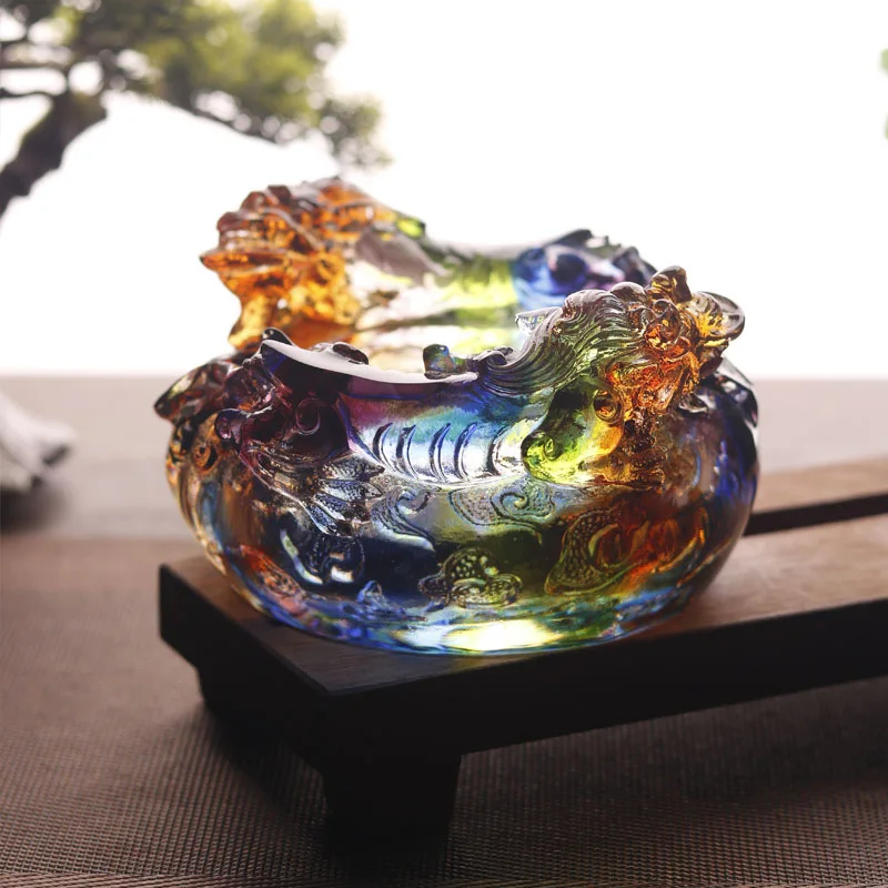 Double Dragon Pixiu Treasure Bowl Ancient Glaze Home Store Opening Gift Ornament Exquisite Crystal Decoration Craft