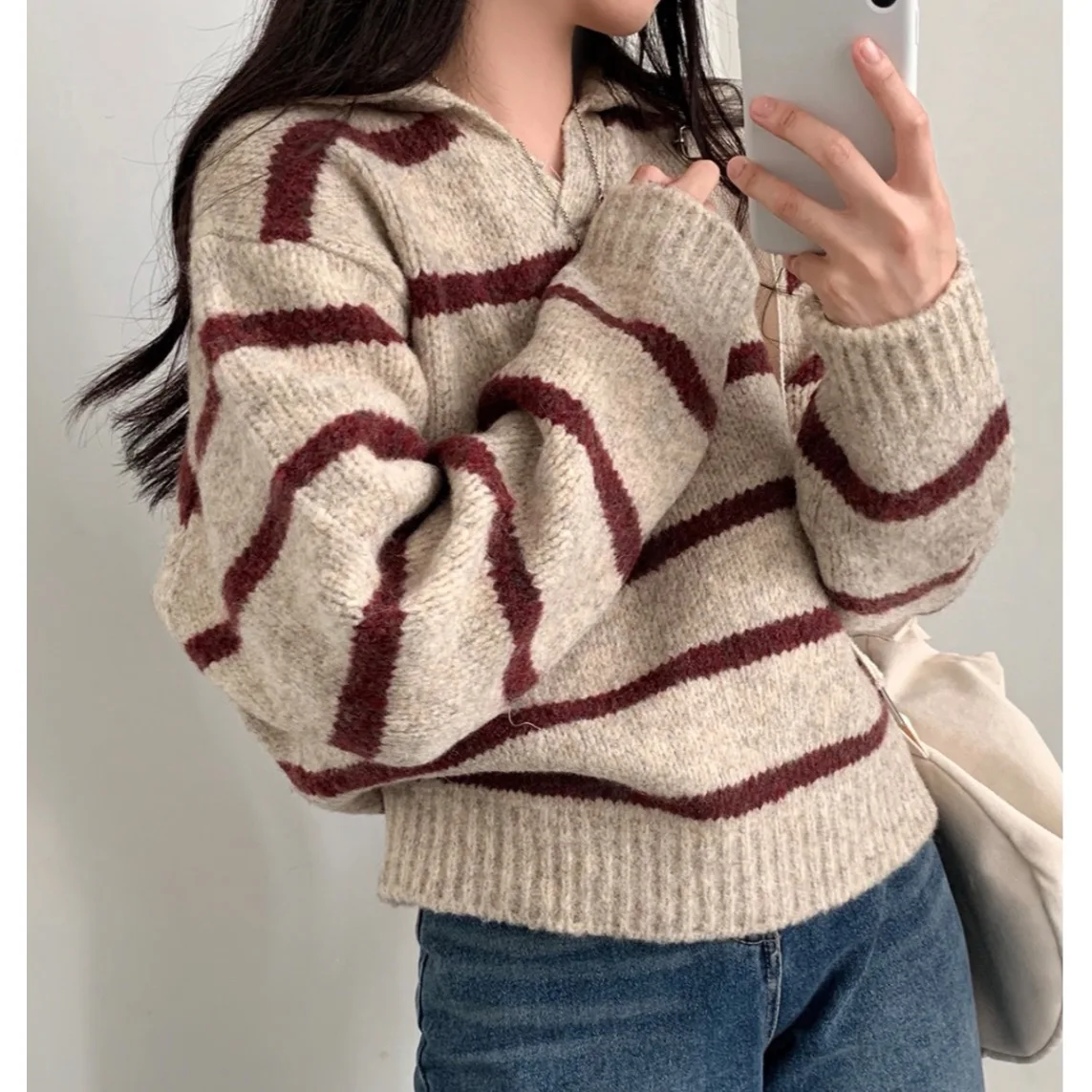 الخريف الشتاء شيك كسول Sle اللون Blo مخطط Ne فضفاض دافئ تنوعا محبوك سترة ألياف البوليستر V Ne #4