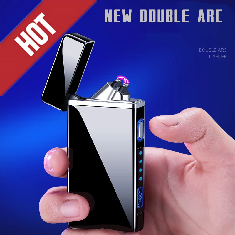 New USB Metal Double Arc Windproof Portable Plasma Lighter, Touch Sensor LED Power Display, Men\'s Gift Unusual Lighter