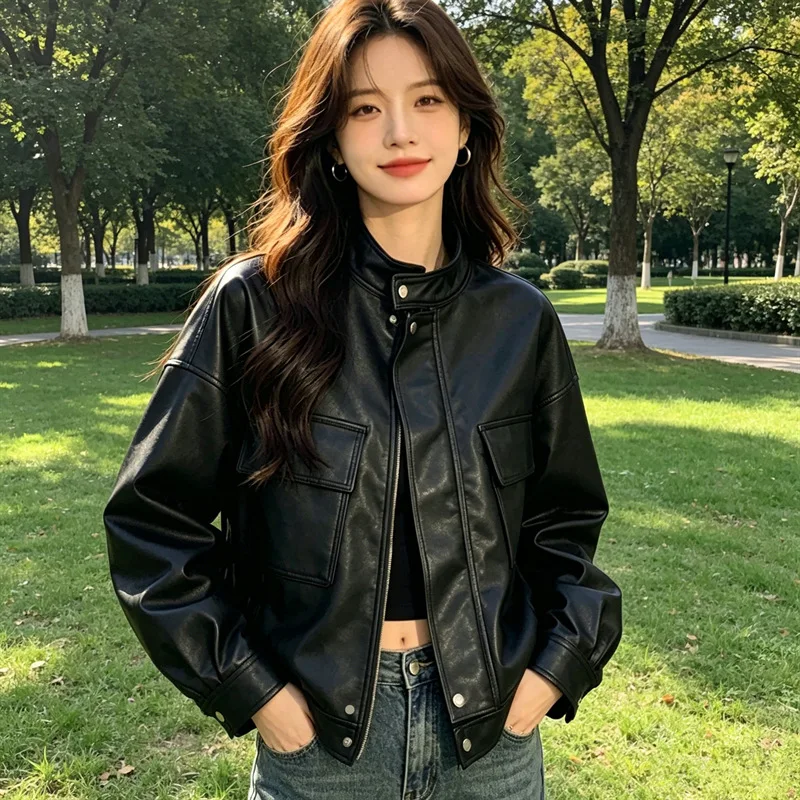 New Women's Faux Leather Jacket Stand Collar Solid Color Long Sleeve Stylish Slim Fit Trendy Versatile Casual Daily Wear Jacket