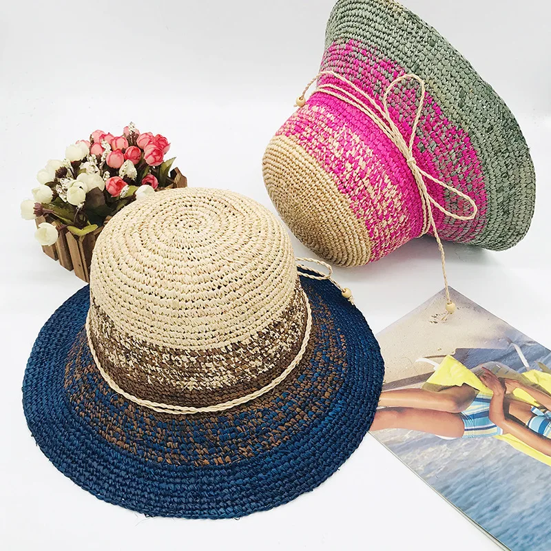 Raffia Crochet Sunshade Dome Flat Brim Wide Brim Warp Knitted Women's Woven Summer American Satin Straw Hat