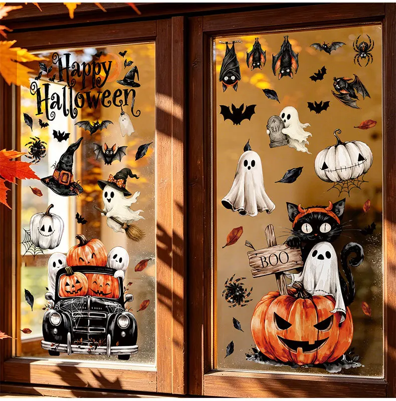 Halloween-Fensteraufkleber-Kombi-Set Wiederverwendbare Statische PVC-Doppelseitige Glasaufkleber für Party- und Heimdekoration