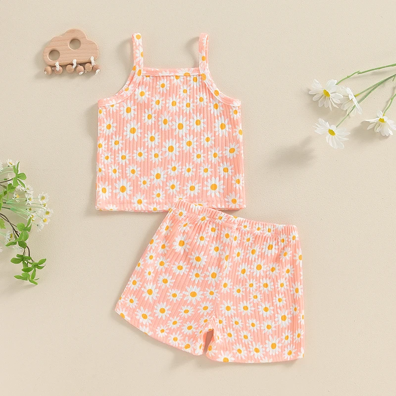 Baby Clothing Girls Summer 2 Piece Outfits Daisy Print Tank Top Elastic Shorts Set Cute Children Clothes