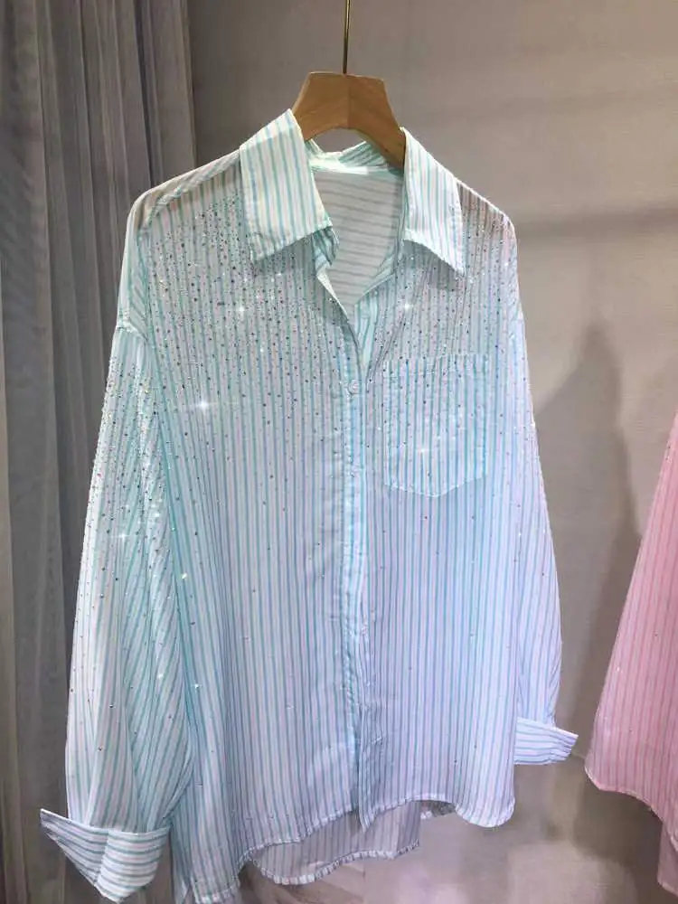 Heavy Duty Rhinestone Women's Shirt Lightweight Long Sleeve Striped Sun Protection Loose Fit Mid-Length Korean Style Collar
