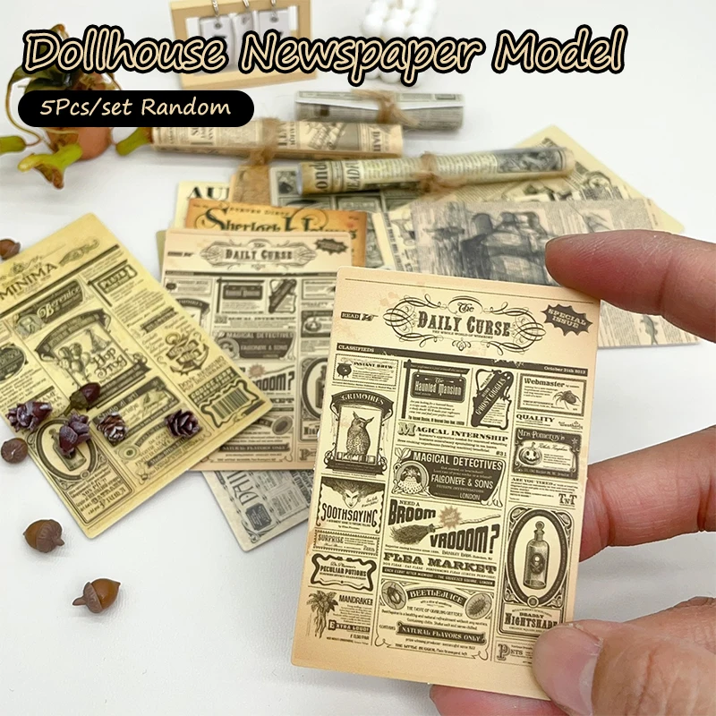 5Pcs Dollhouse Miniature Kraft Paper Newspaper Magazines Mini Retro Newspapers And Periodicals Books Model Home Decor Toy Random