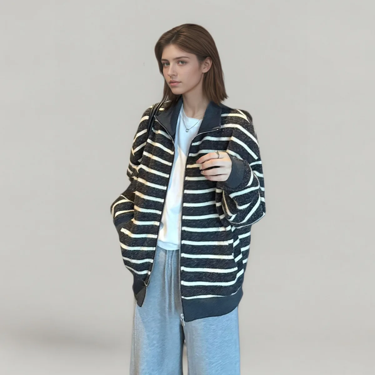 CiCi 2025 خريف شتاء جديد سويتر مقلم سترة معطف المرأة موضة البوليستر ملابس خارجية للاستخدام اليومي ملابس الشارع الشهير #2