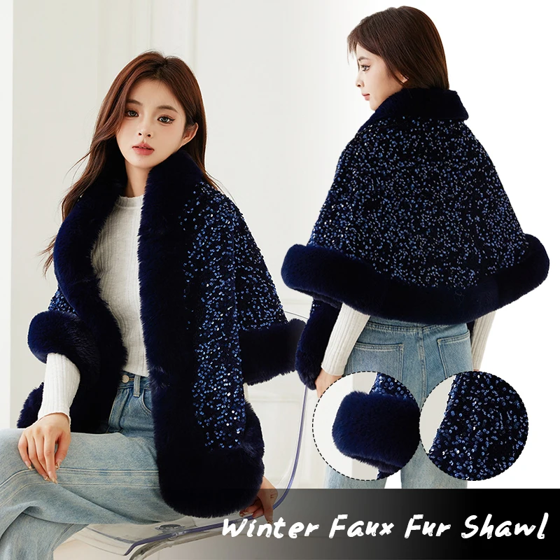 Autumn Winter Luxury Sequin Faux Fur Collar Shawl Wraps Wedding Party Bridal Fur Shawl Cape Women Poncho Cardigan Coat