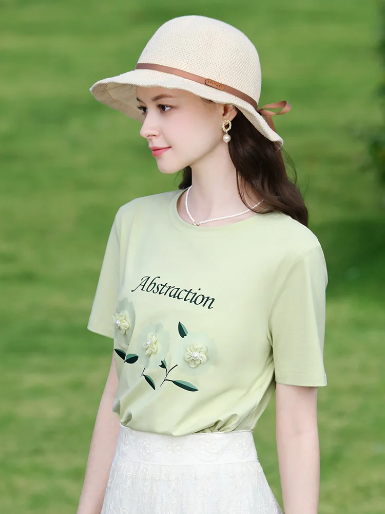 I BELIEVE YOU Green Flower Embroidery Short-sleeved Women T-shirts Blouse Female 2024 Summer New French O-Neck Tops 2242015692