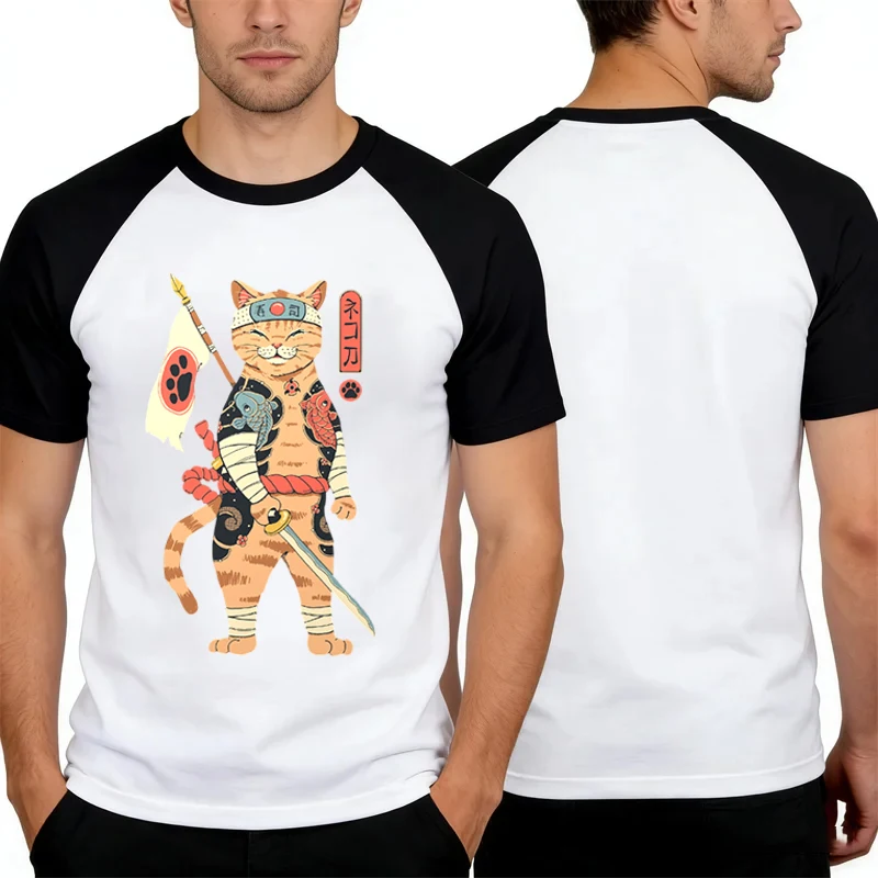 

Japanese Harajuku Samurai Sword Cat T-Shirt For Men Women Casual Fashion Summer Top Breathable Oversized Men's Short Sleeve Tee