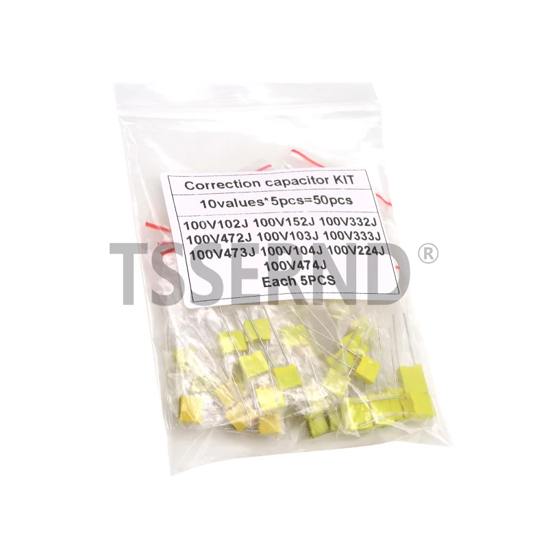 50pcs 100V Correction Capacitor Kit 10ValuesX5pcs Safety Plastic Film Set 102J 152J 332J 472J 103J 333J 473J 104J 224J 474J