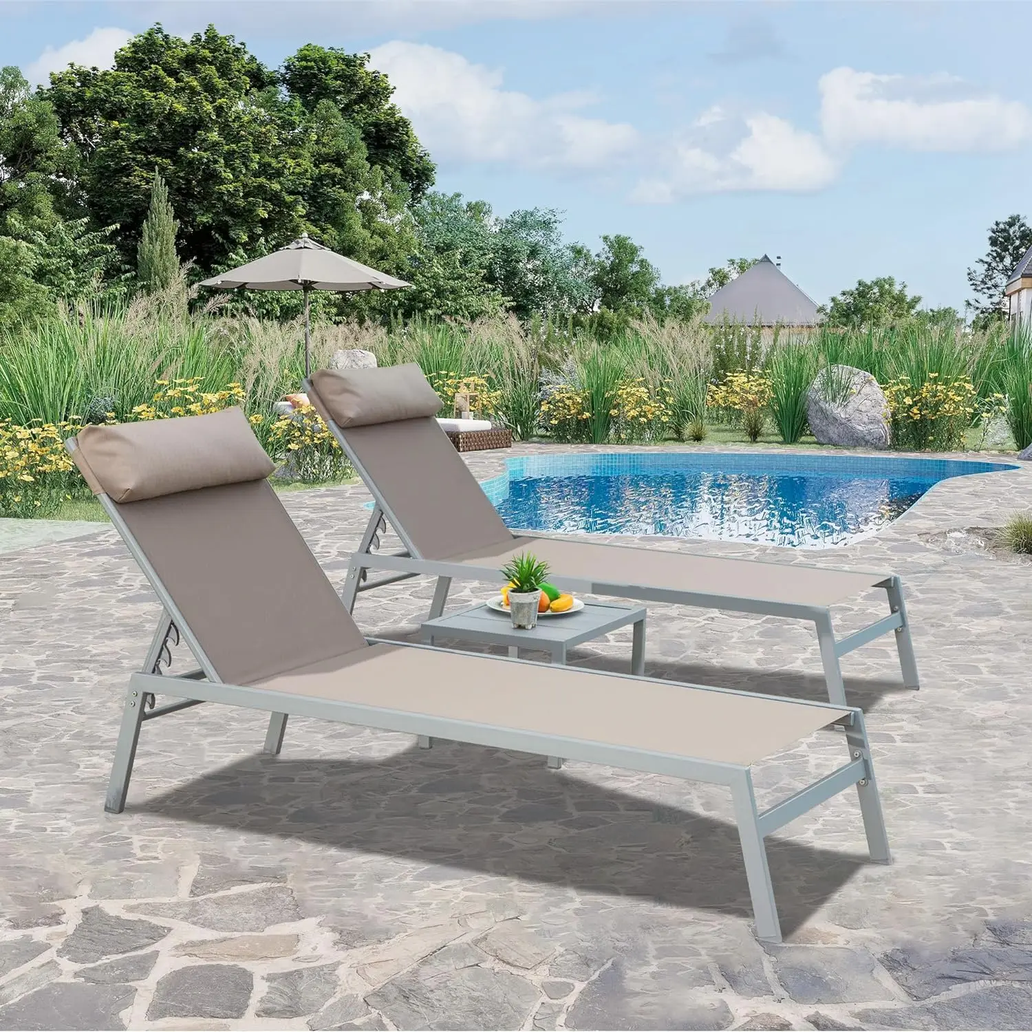 Patio 3Pieces Aluminum Textilene Chaise Lounge Set with Side Table Outdoor Adjustable Back and Pillow for Yard Garden Sunbathing