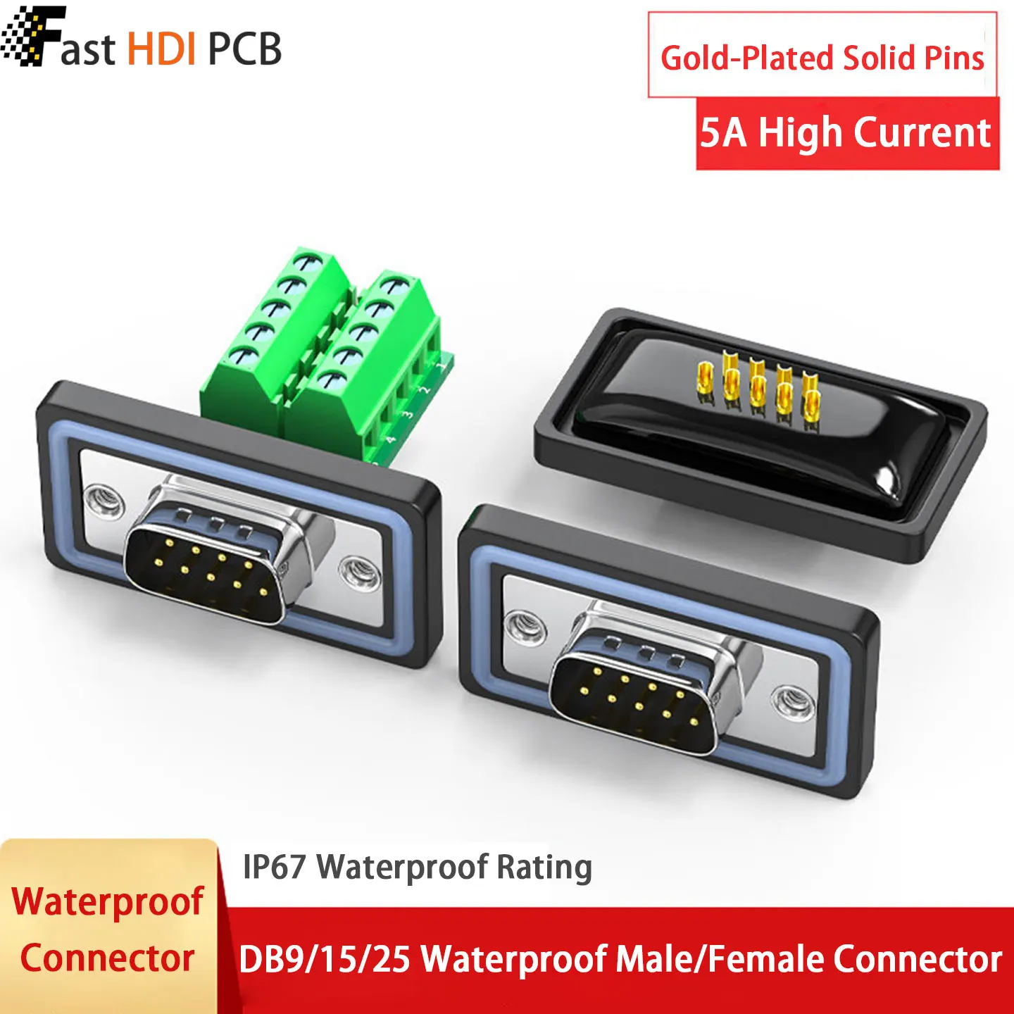 IP67 Waterproof DB9 DB15 DB25 DB37 Connector Male Female 5A Solder/Solderless for RS232 RS485 Industrial Outdoor Serial Port
