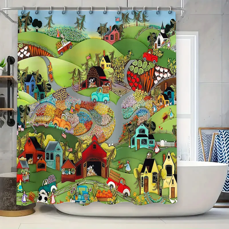 

Винтажная занавеска для душа без рамы в деревенском стиле с цветочным декором для ванной комнаты, ферма, жизнь, живописный настенный фон