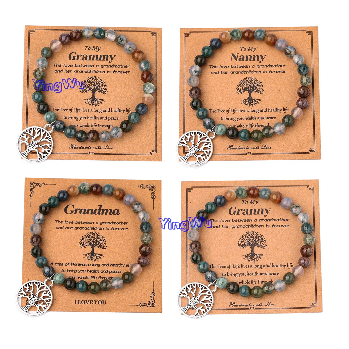 Pedra natural grânulo vida árvore charme pulseiras para minha babá grammy roxo ágata sodalite frisado pulseira cartão para homens mulheres jóias