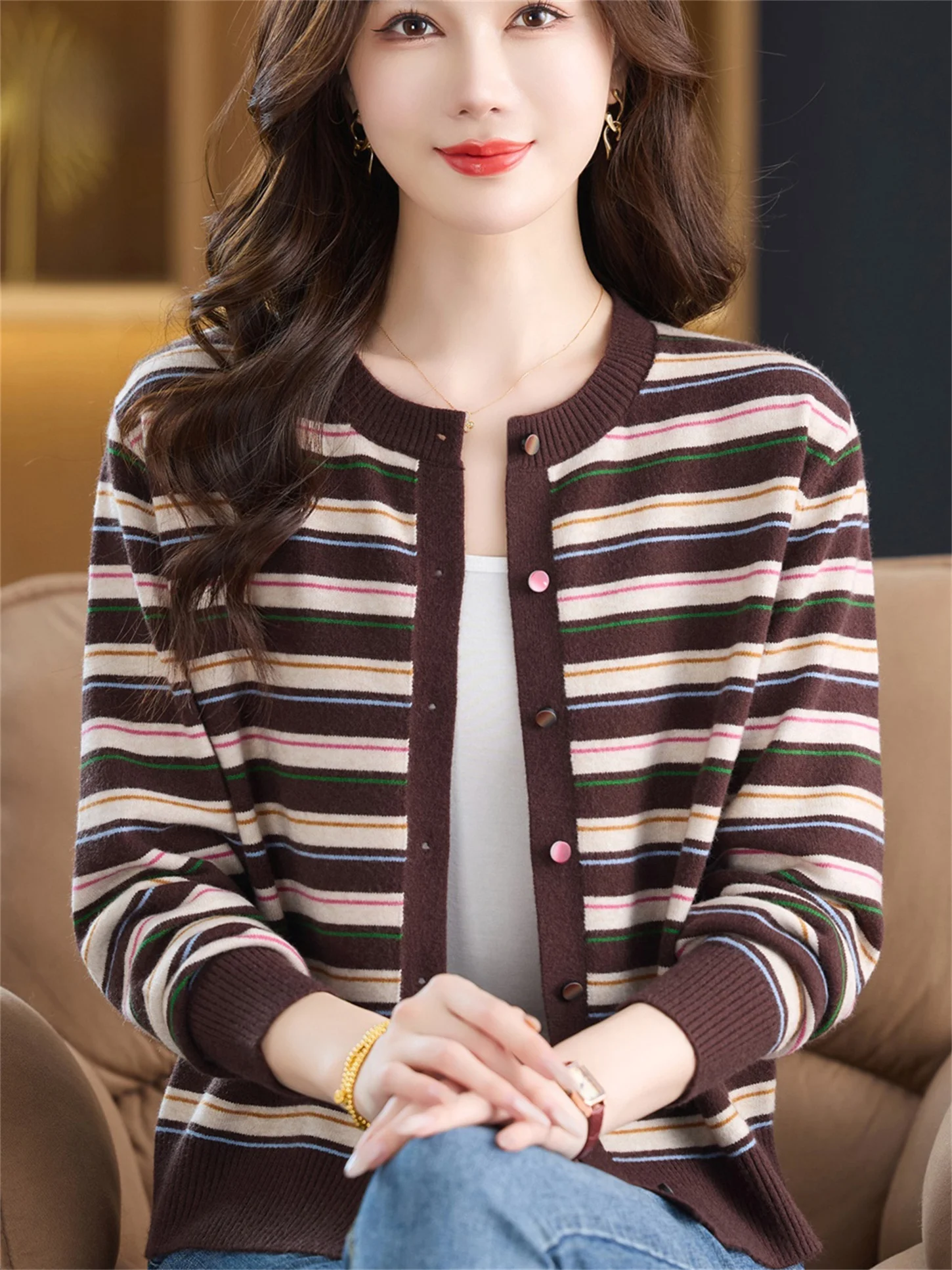 

Faionable Striped Knitted Open Cardigan Loose round Ne Base Layer Outerwear for Middle-Aged Women Spring Autumn New Sle