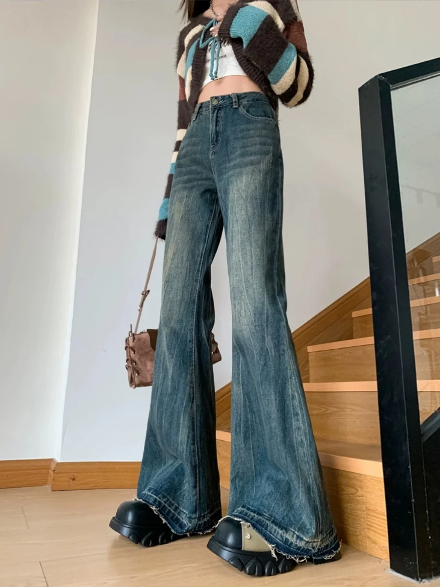 Americano retro queimado jeans feminino outono resistido design pred dobrável leggings longos botão de cintura alta cores de luz profunda