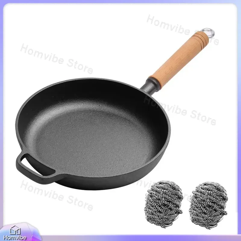 11.8 Inch Cast Iron Frying Pan Non Stick Heavy Duty Pancake Skillet for Steak Cooking Home Kitchen Cookware with Wooden