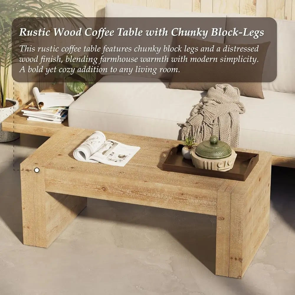 Rustic Wooden Coffee Table with Thick Legs, Rectangular Design for Living Rooms, Natural Finish, Sturdy Farmhouse Style, Brown