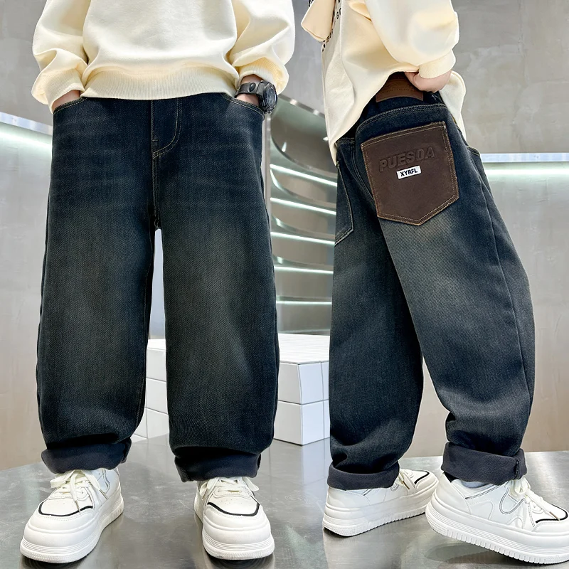 Legal inverno grande menino calças de brim térmicas alta rua isolado calças jeans crianças retro azul quente calças jeans baggy para crianças