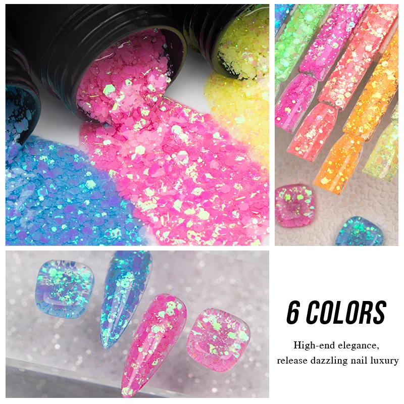 PUENTE Neon Glitter Sequins Gel Nail Polish 5ML Semi Permanent Varnish Hybrid Soak Off UV Nail Gel For Manicure Nail Art design