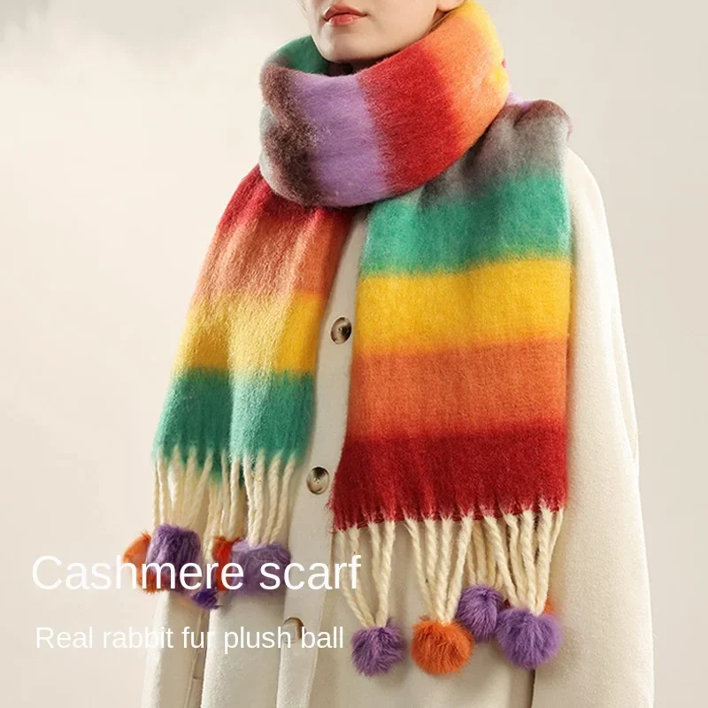 Women Winter Scarf Imitation Cashmere Colorful Knitted Scarves with Rabbit Fur Ball Tassels Warm Stripe Patchwork Colors Shawls