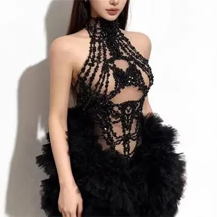 

Women Mini Dress Sparkly Rhinestone Mesh See Through Sleeveless Bodycon Sexy Luxury Birthday Evening Party Performance Costume