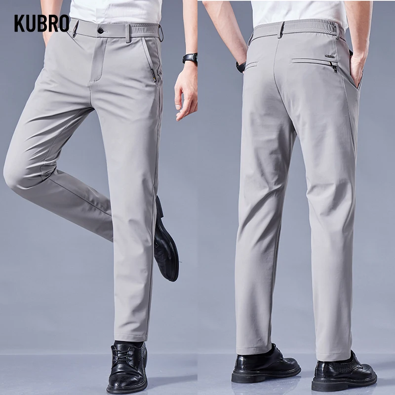 

KUBRO Summer High Quality Lyocell Ice Silk Trousers Harajuku Fashion Man's Office Slim Straight Versatile Business Casual Pants