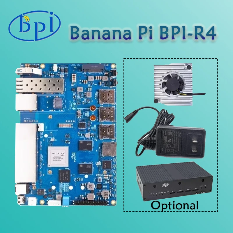 

Banana Pi BPI-R4 8G Костюм с чехлами MediaTek MT7988A (Filogic 880) четырехъядерный aam Corex-A73 8 ГБ DDR4 8G eMMC Плата маршрутизатора Openwrt