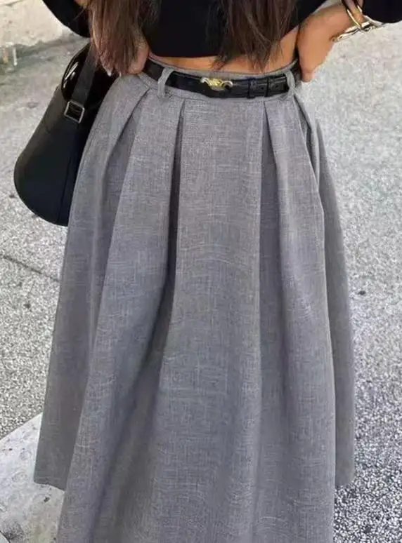تنورة متوسطة الطول كاجوال بطيات بلون سادة للخريف/الشتاء للنساء - تنورة عالية الخصر على شكل حرف A متوهجة ملابس يومية عصرية