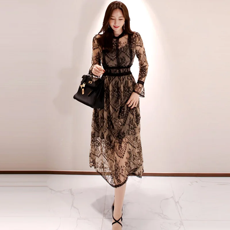 

Summer 2025 Korean Style Long Lace Dress Waist Cinched Hollow out Splice Floral Dress A-Line Skirt Bell Sleeve round Neck