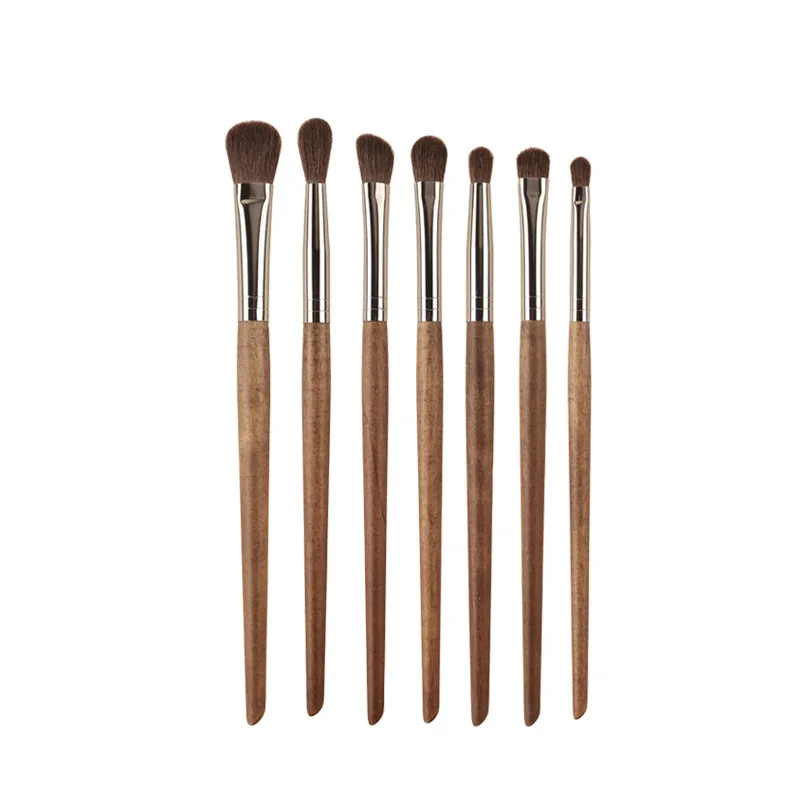 Juego de brochas para sombra de ojos con mango de madera de 7 piezas con cerdas de crin - Brochas profesionales para contorno de nariz y maquillaje de ojos