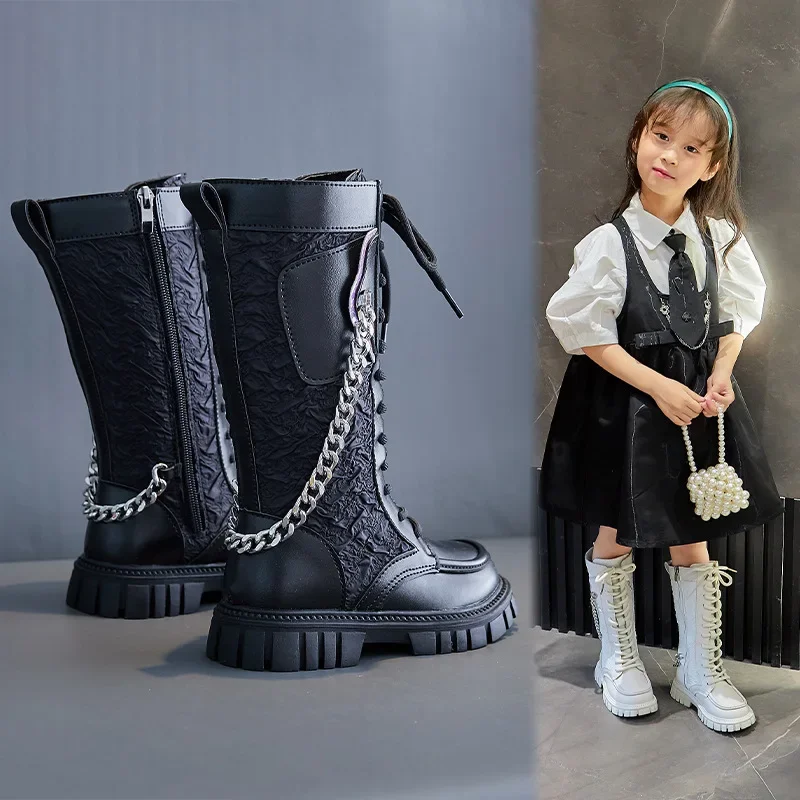 Children\'s Knight Boots 2023 New Spring & Autumn Long Boots Breathable Small Pockets with Chain Girls Catwalk Fashion Kids Boots