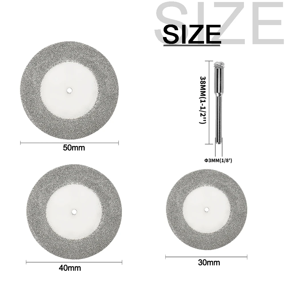 10pcs 30/40/50mm Diamond Cutting Discs Rotary Tool Circular Saw Blade with 2pcs 3mm Shank for Dremel Drill Cutting Glass Jade