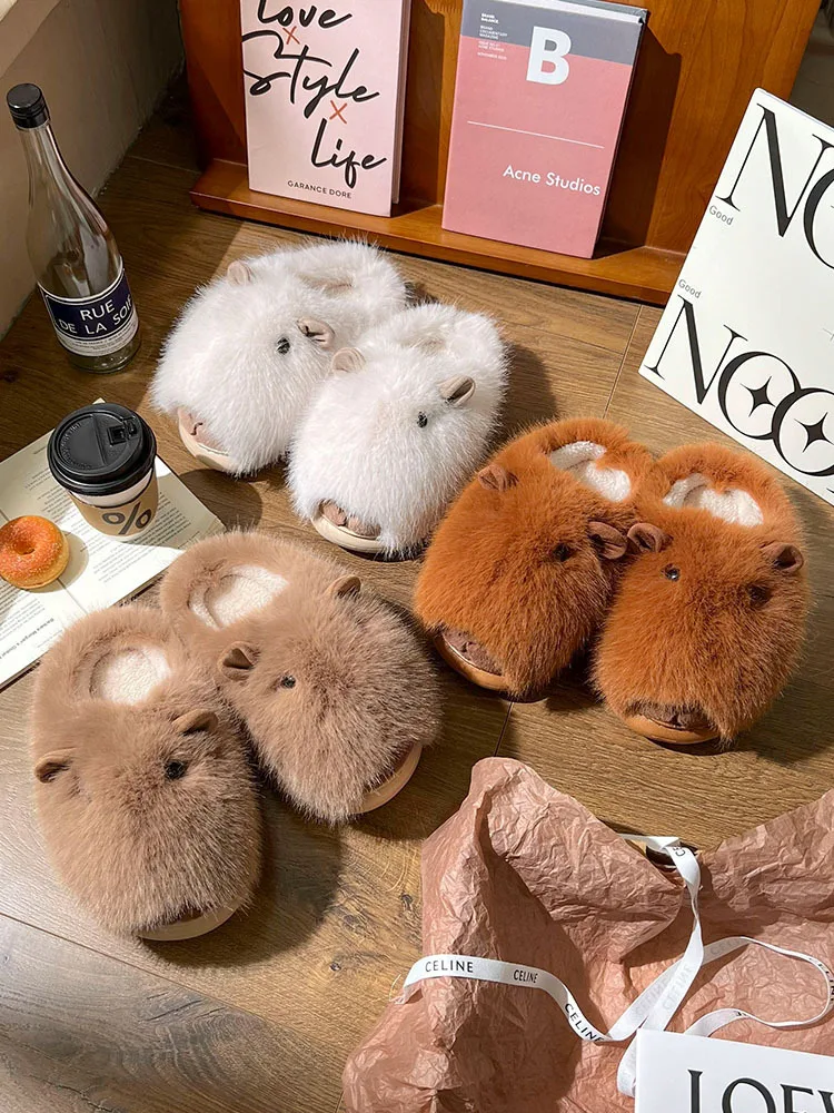 Kapibala cotton slippers Cute cartoon plush winter New style wear fashion thick sole indoor home warm cotton slippers