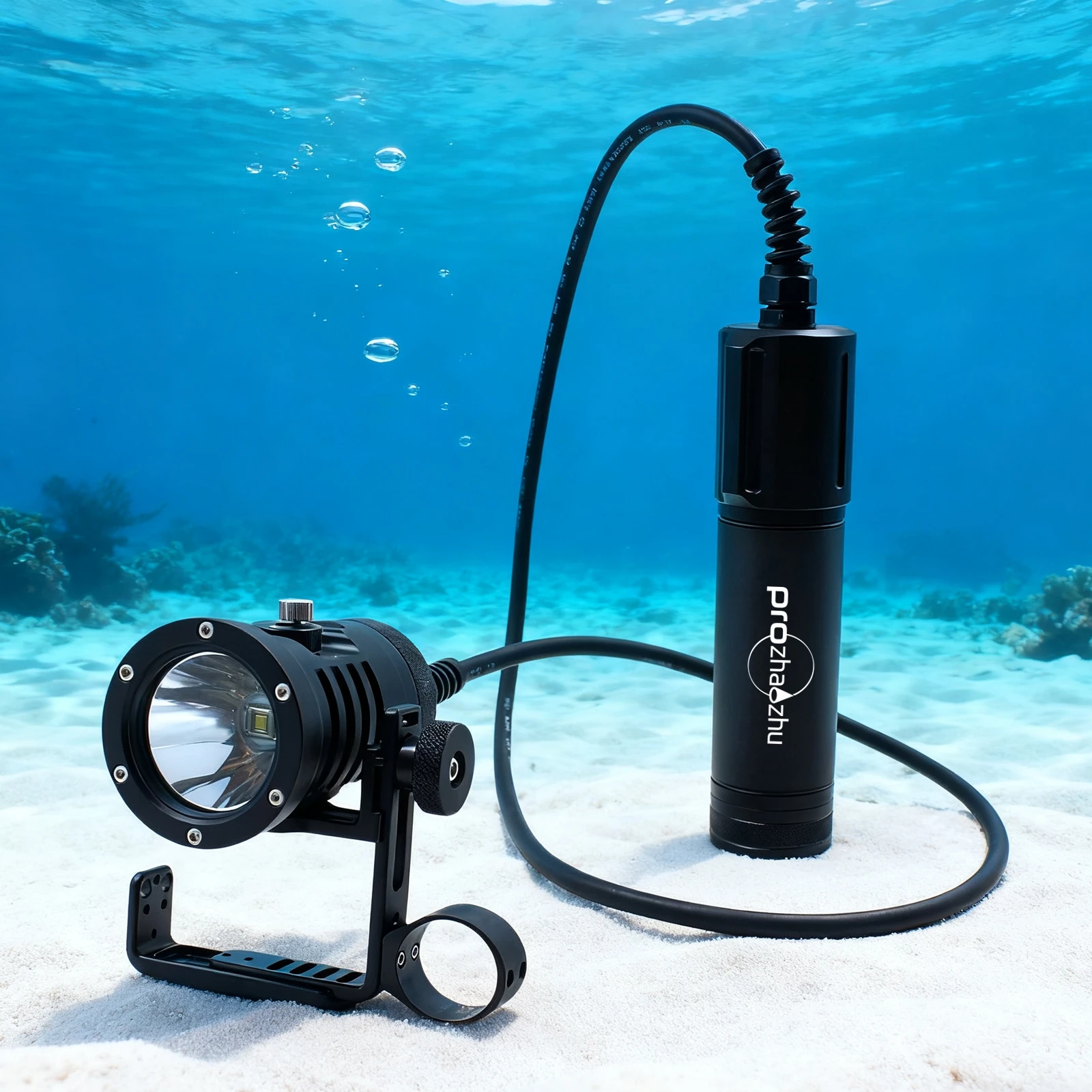 

PROZHAOZHU DL-D40-6B 6000 люмен, литий-ионный перезаряжаемый водонепроницаемый фонарь IP68 (до 150 м) из алюминиевого сплава для глубоководных погружений и дайвинга в пещерах